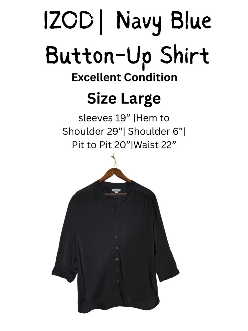 IZOD Navy Blue Button Front Blouse 3/4 Sleeve Lightweight Women’s Large
